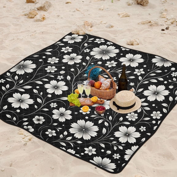 Retro White and Black Flowers Beach Blanket Outdoor Picnic Mat Sandproof Waterproof Foldable for Camping Travel Hiking