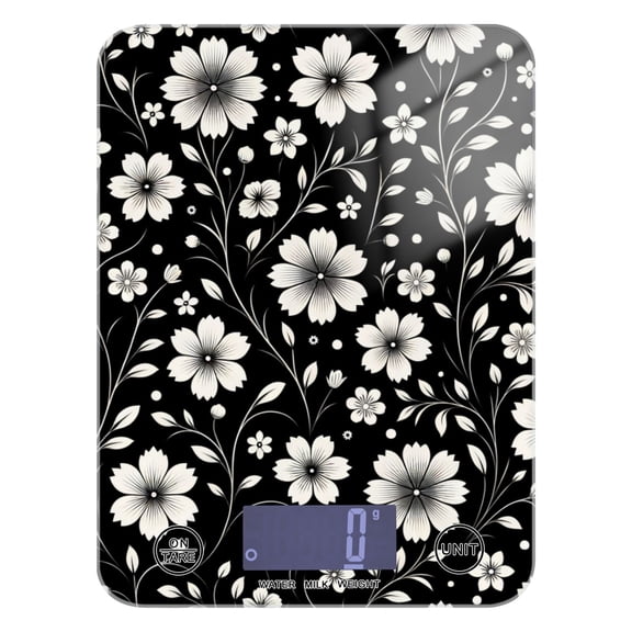 Retro White and Black Flowers Food Scale Digital Kitchen Scale Waterproof Grams Ounces lbs for Weight Loss