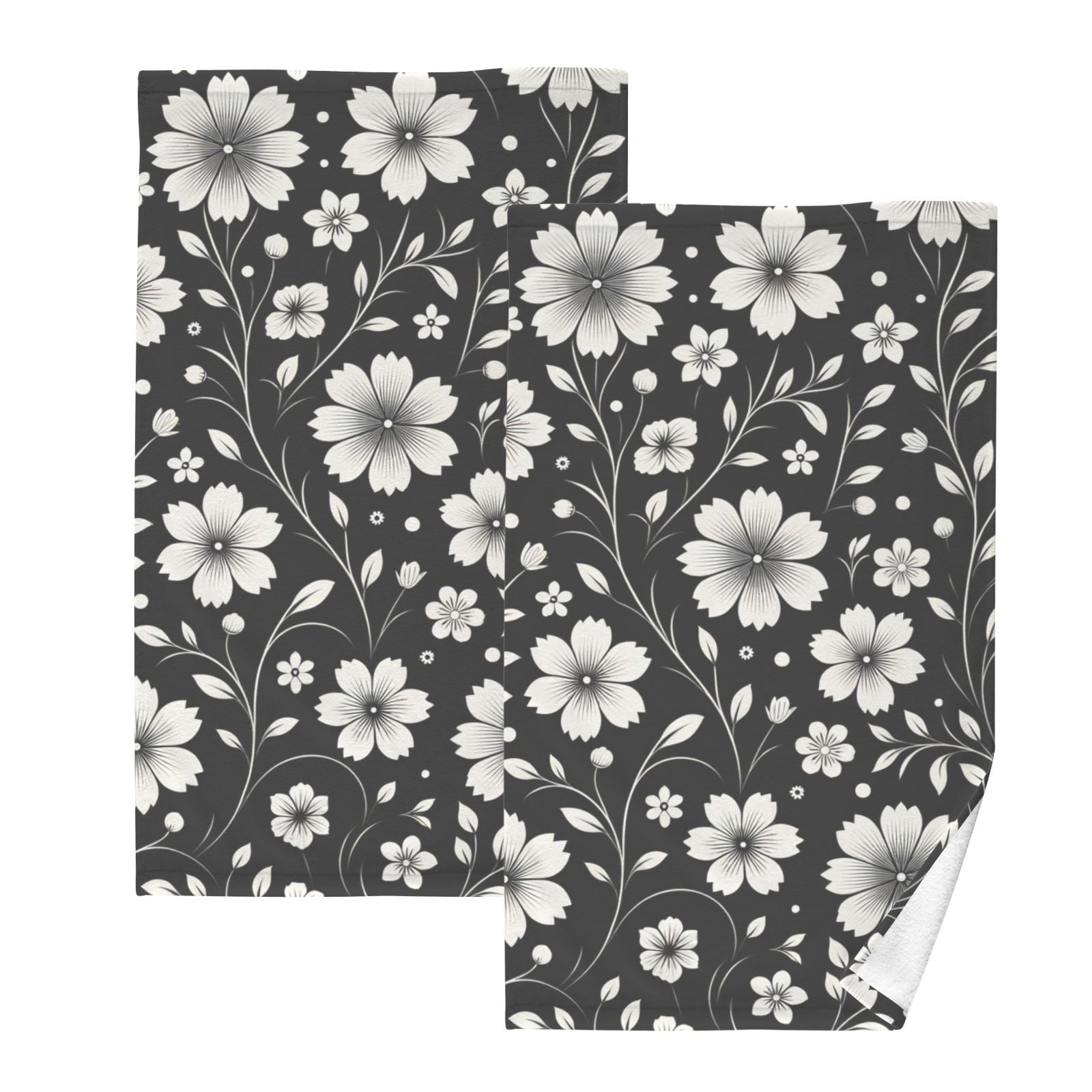 Retro White and Black Flowers Hand Towels Cotton Bath Towels Large Face Towels Absorbent for Bathroom 2 Packs