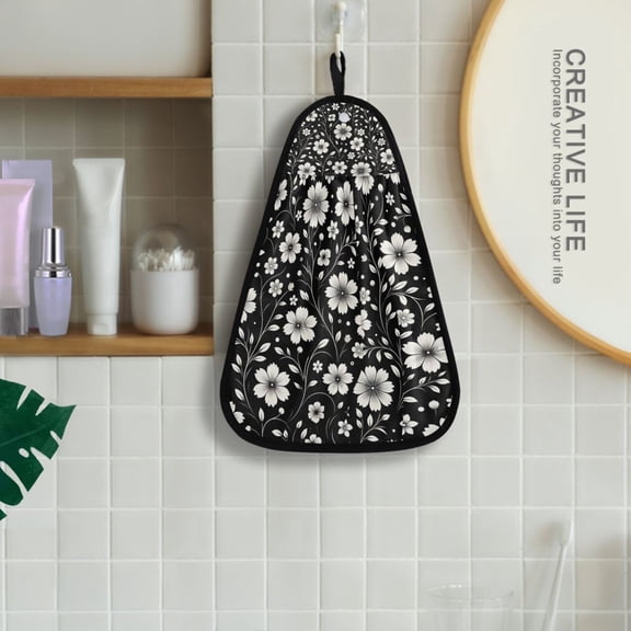 Retro White and Black Flowers Hanging Kitchen Towel Machine Washable Hand Towel Bathroom Absorbent Towel Quick Dry Dishcloth