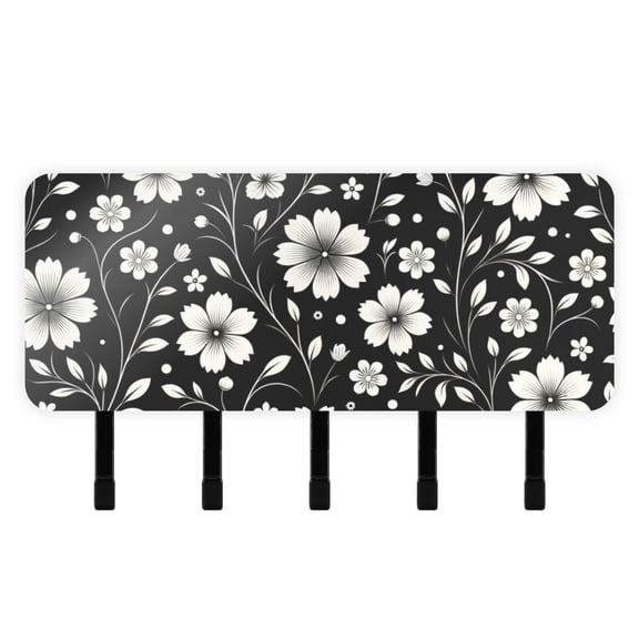Retro White and Black Flowers Key Holder for Wall Mail Holder Organizer with 5 Key Hooks Wall Mount Key Rack with Shelf