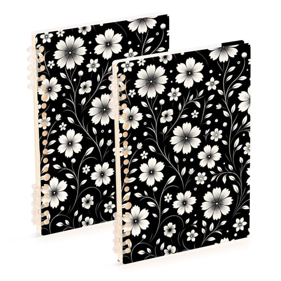 Retro White and Black Flowers Ring Binder Notebook Journey Note Diary College Ruled Spiral Notebook Study Loose Leaf Paper A5 60 Pages