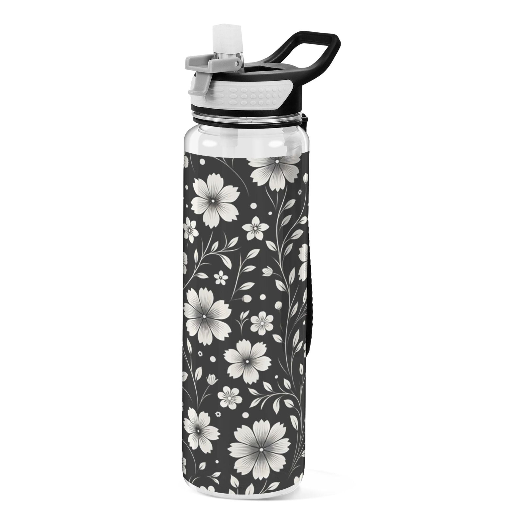 Retro White and Black Flowers Sports Water Bottle 32oz with Straw for Kids Travel Mug BPA Free Leak Proof for School
