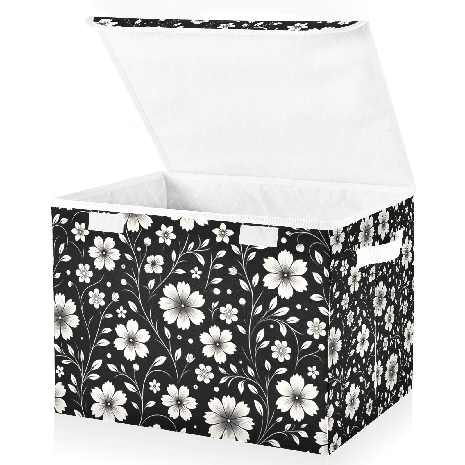 Retro White and Black Flowers Storage Basket for Shelves Foldable Container Organizer for Organizing Toys Clothes Books with Handles