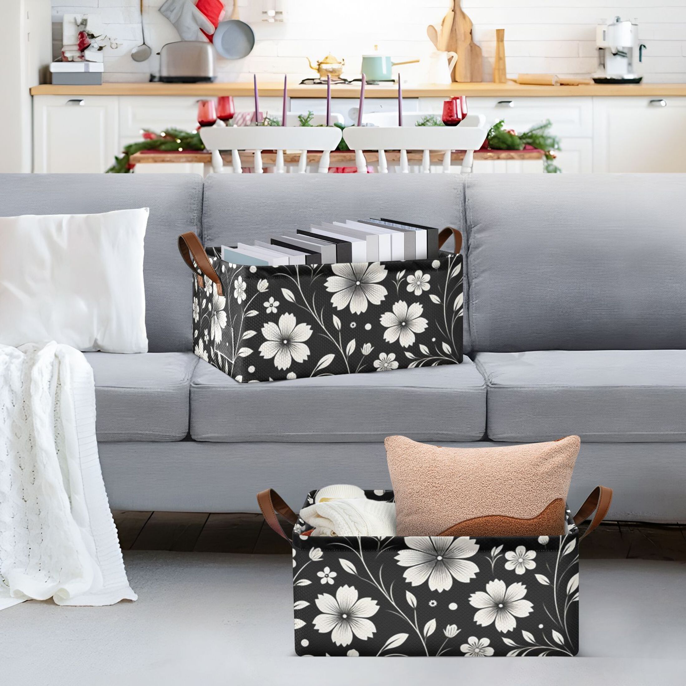 Retro White and Black Flowers Storage Bins with Handles Foldable Storage Baskets for Shelves Organizer Cloth Baskets