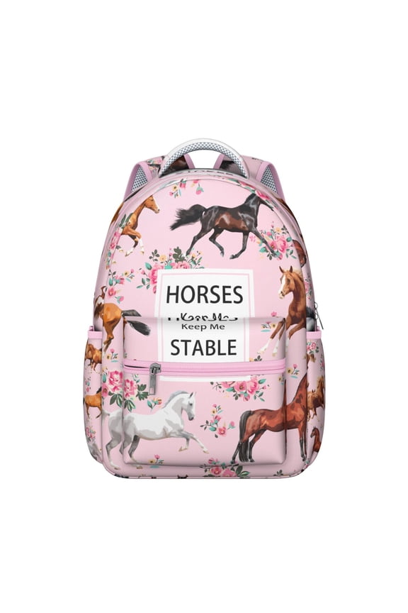 Retro Wild Horse Pattern Student School Backpack with Foal and Pony Farm Floral Print Rainbow Design Book Bag