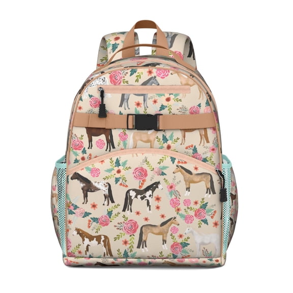 Retro Wild Horse Students Backpack with Farm Animal Print and Artistic Flower Pattern for Students and Students