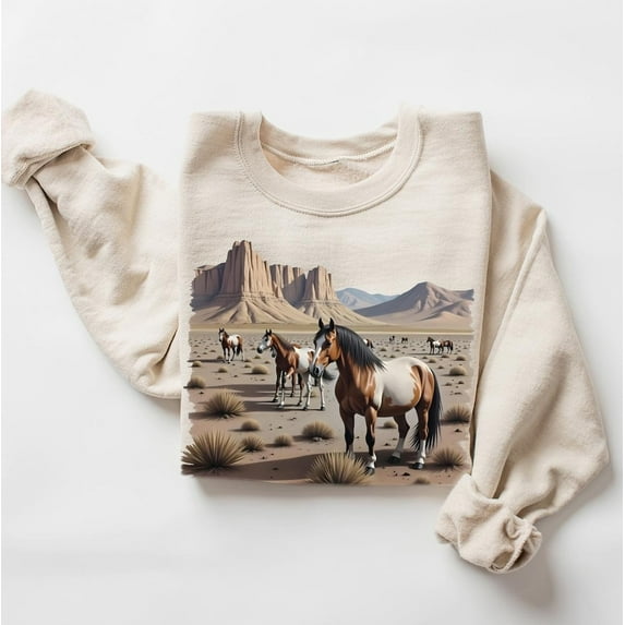 Retro Wild Horses Desert Canyon Fall Scene Sweatshirt, 90's Vintage Horse Lover Gift Outfit, Boho Horses Crewneck Sweatshirt TSHIRT All Size S-5XL