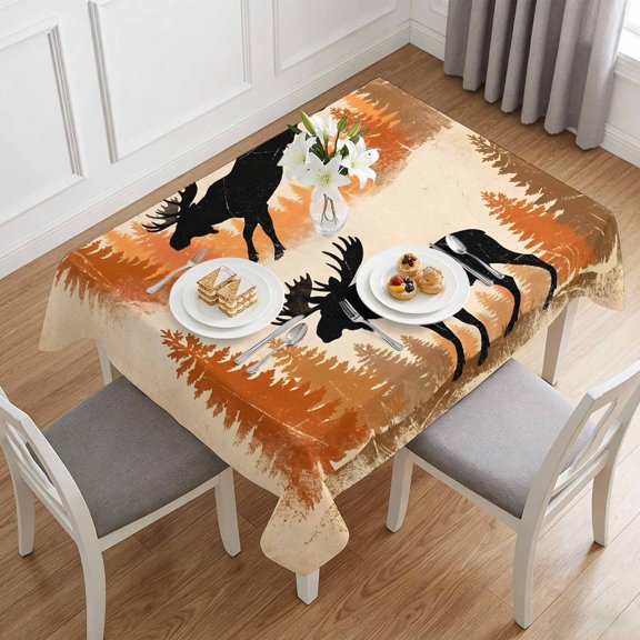 Retro Wild Moose Silhouette Animal Table Cloth 60x84in, Waterproof Rectangle Tablecloth Wipeable Tablecloths Brown Orange Forest Trees Table Covers for Dining Tables Party Indoor Outdoor