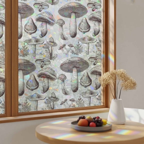 Retro Wild Mushroom Monochrome Window Privacy Film,Heat Control Sun Blocking Static Cling Rainbow Film,Seamless Plant on Beige Non-Adhesive Glass Sticker Door Window Tint,17.7" x 39.3"