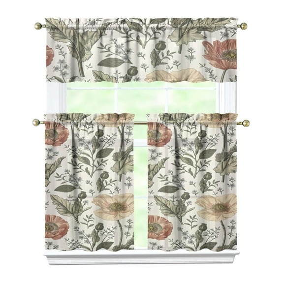 Retro Wildflower Curtains 36 Inch - 3 Panel Rustic Farmhouse Kitchen Set with Vintage Botanical Print, Boho Chic Rod Pocket Design for Country Style