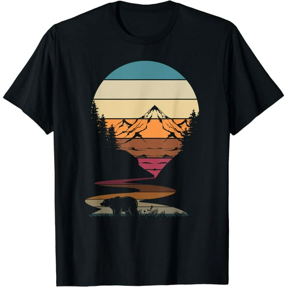 Retro Wildlife Animal Bear Hiking Trees Mountains Forest T-Shirt