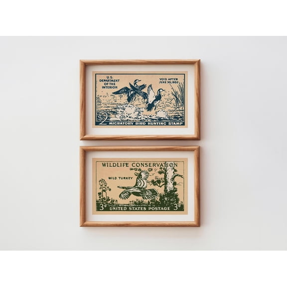 Retro Wildlife Stamp Prints Outdoors Art Gift for Hunter Poster Hunting Wall Art Cabin Decor Outdoorsy Gift for Dad Set 2