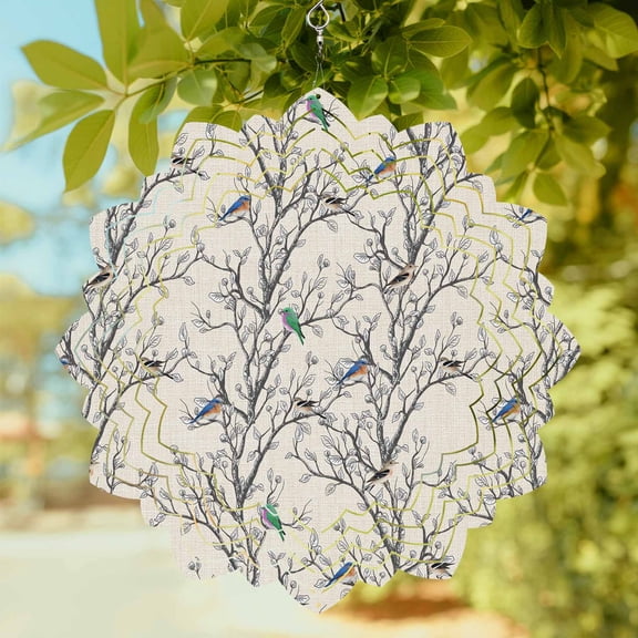 Retro Wind Spinner for Garden Yard 8In, Nature Tree Branches Texture Colored Birds Rustic Linen 3D Stainless Steel Kinetic Hanging Wind Spinners Rustproof Outdoor Decor for Lawn Patio Home