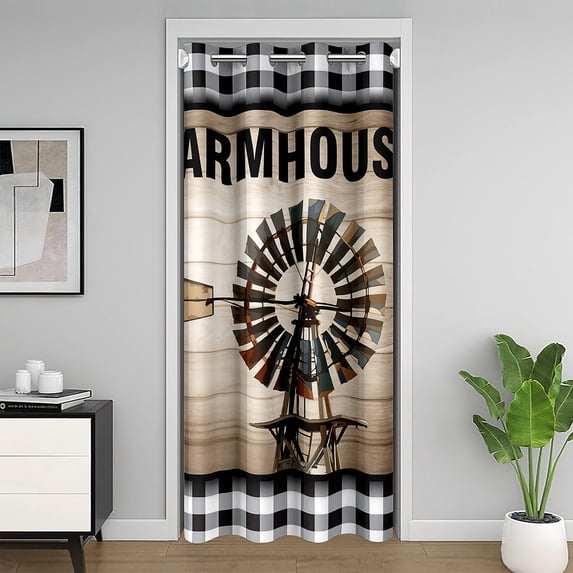 Retro Windmill Door Curtain For Doorway Privacy For Adult Teens,Vintage Wooden Door Drape,White Black Plaid Pattern Blackout Curtain,Rustic Farmhouse Room Divider Curtain,Closet Door 42"W X 80"L