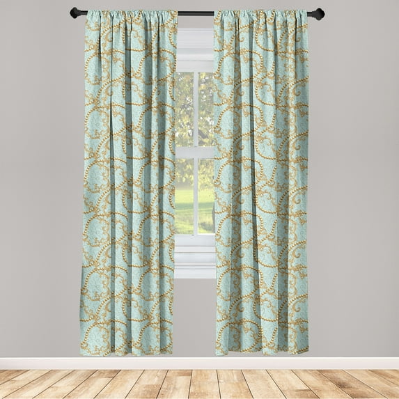 Retro Window Curtains, Beads and Swirly Floral Motifs Print Art Deco Inspirations Vintage Pattern, Lightweight Decor 2-Panel Set with Rod Pocket, Pair of - 28"x63", Pale Blue and Mustard, by Ambesonne
