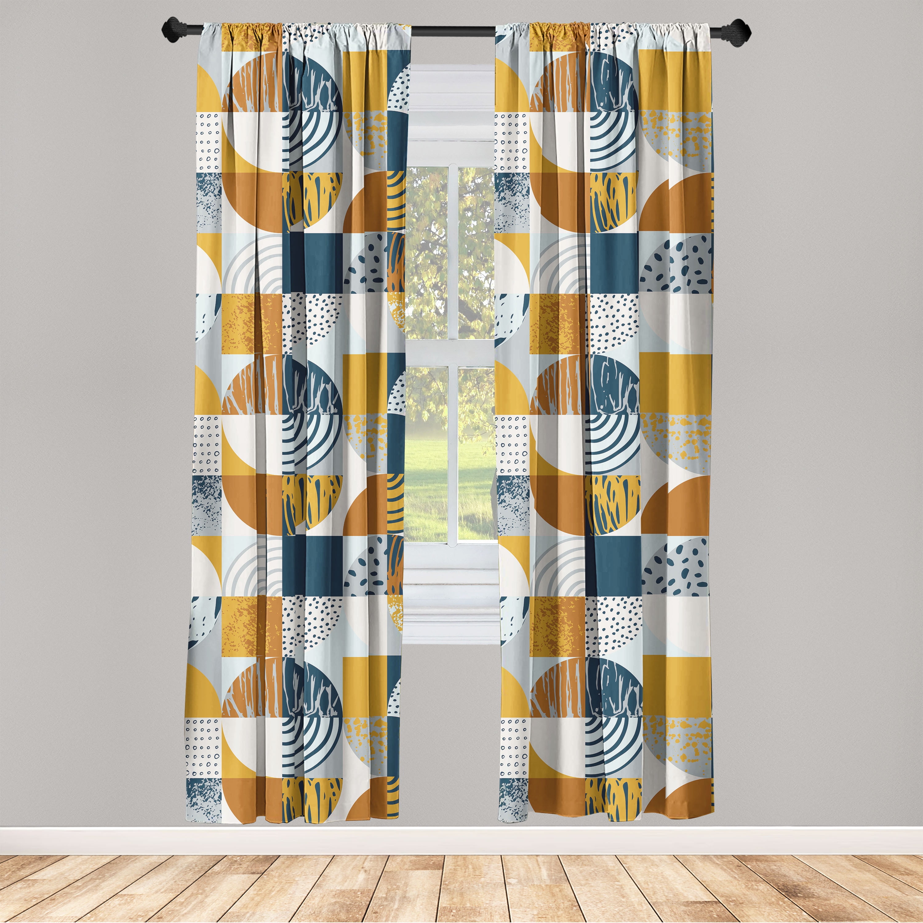 Geometric Blue and Yellow Microfiber Room-Darkening Curtain Panels