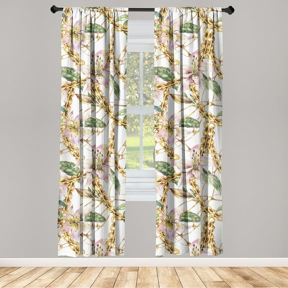 Retro Window Curtains, Watercolor Royal Lily Flowers and Golden Yellow Tone Chain Look Print, Lightweight Decor 2-Panel Set with Rod Pocket, Pair of - 28"x84", Blush Mustard Fern Green, by Ambesonne