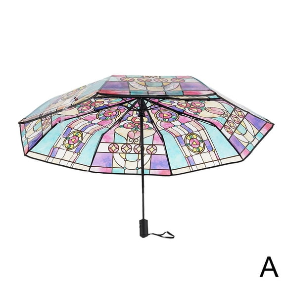 Retro Window Flower Pattern Clear Umbrella, Stained Glass Umbrella, Unique Automatic Open Close Umbrella, Compact Travel Folding Umbrella for Women Girl