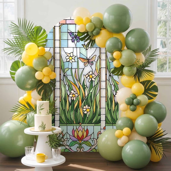 Retro Window Flowering Arch Backdrop Cover, 4FT, Colorful Floral Butterflies Art Spandex Arch Covers Double-Sided Backdrop for Wedding Birthday Party Photo Background Decoration
