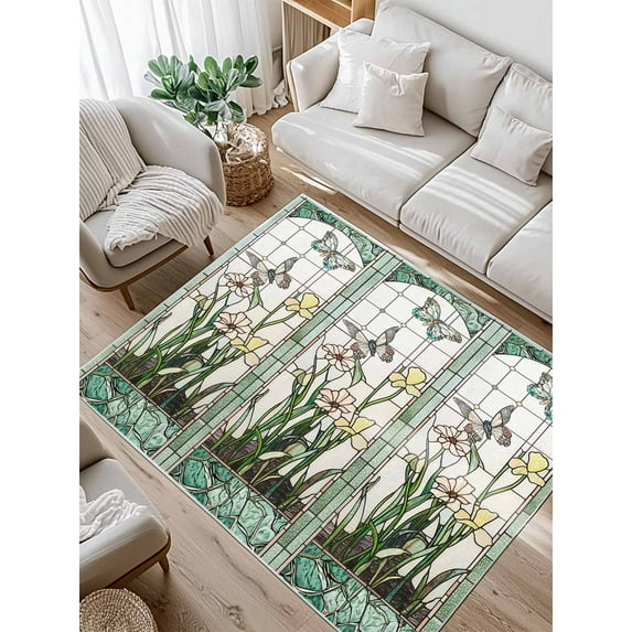 Retro Window Flowering Area Rug for Bedroom 2.7x5 Ft Green Theme Floral Butterflies Art Super Soft fuzzy Throw Rug Non-Slip Fluffy Plush Indoor Floor Carpet for Living Room Nursery Home Decor