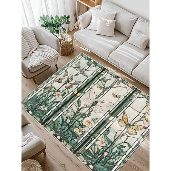 Retro Window Flowering Area Rug for Bedroom 5x7 Ft Green Floral Leaf Butterflies Super Soft fuzzy Throw Rug Non-Slip Fluffy Plush Indoor Floor Carpet for Living Room Nursery Home Decor