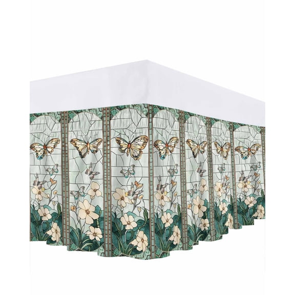 Retro Window Flowering Bed Skirt King Size 16" Drop Teal Floral Butterfly Ruffled Wrap Around Bed Skirts Adjustable Elastic Bedskirt Dust Ruffle for King Size Bed