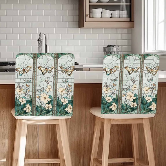 Retro Window Flowering Chair Covers Set of 1 Teal Floral Butterfly Chair Back Covers Stretch Removable Washable Slipcovers Protector for Dining Room Kitchen Party Decor