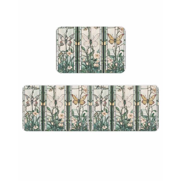 Retro Window Flowering Kitchen Mats for Floor 2 Piece, Green Floral Leaf Butterflies Absorbent Non-Slip Kitchen Rugs Comfort Standing Mat for Laundry, Hallways 15.7"x23.6"+15.7"x47.2"