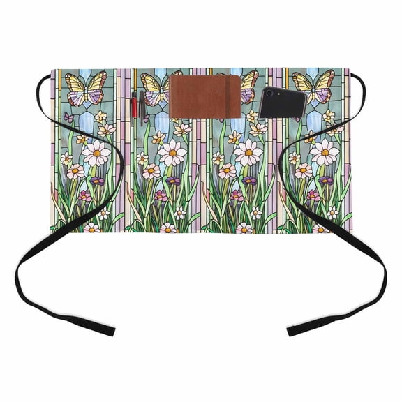 Retro Window Flowering Kitchen Restaurant Half Waist Apron, Abstract Teal Floral Butterfly Server Short Apron with 3 Pockets Waterproof Oil Waist Aprons for Women Waitress Waiter