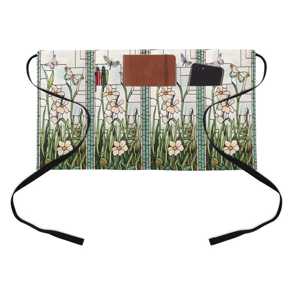 Retro Window Flowering Kitchen Restaurant Half Waist Apron, Green Floral Butterflies Server Short Apron with 3 Pockets Waterproof Oil Waist Aprons for Women Waitress Waiter