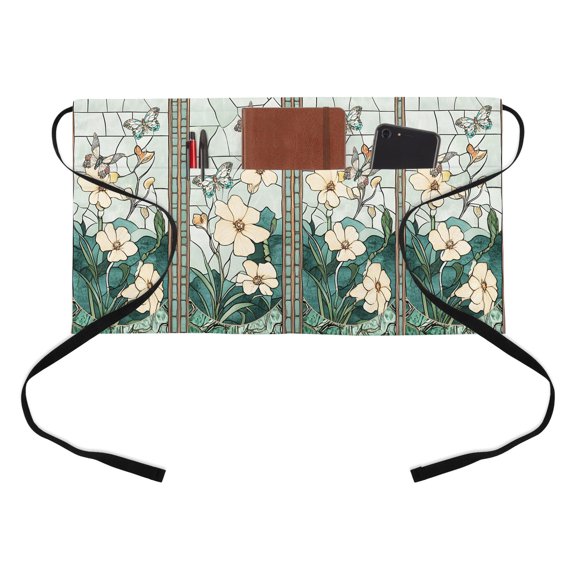 Retro Window Flowering Kitchen Restaurant Half Waist Apron, Teal Floral Butterfly Server Short Apron with 3 Pockets Waterproof Oil Waist Aprons for Women Waitress Waiter