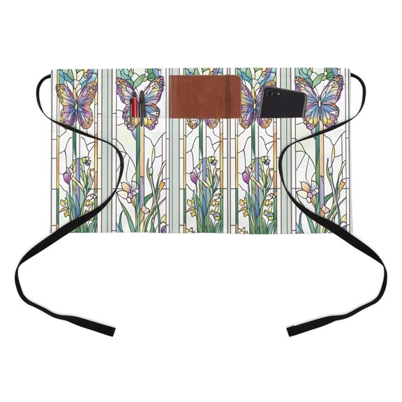 Retro Window Flowering Kitchen Restaurant Half Waist Apron, Teal Floral Colorful Butterfly Server Short Apron with 3 Pockets Waterproof Oil Waist Aprons for Women Waitress Waiter