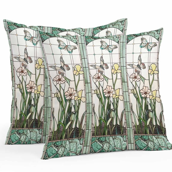 Retro Window Flowering Outdoor Pillow Covers Pack of 2 Green Theme Floral Butterflies Art Waterproof Throw Pillow Covers Decorative Cushion Cases for Patio Garden Tent Balcony Couch 26x26 inch