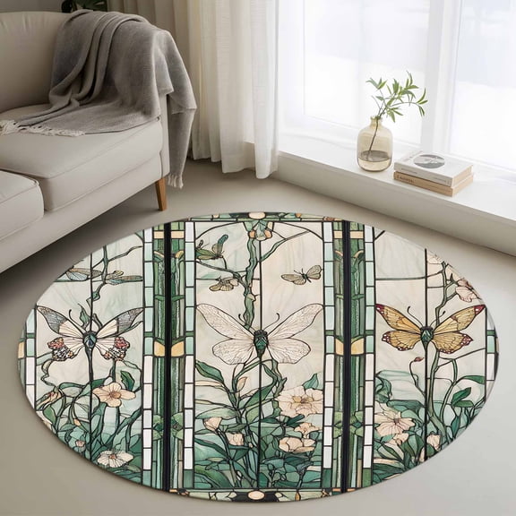 Retro Window Flowering Round Rugs for Living Room 3ft Green Floral Leaf Butterflies Non Slip Circle Rug Washable Low-Profile Indoor Carpet for Bedroom, Dining Room, Bathroom