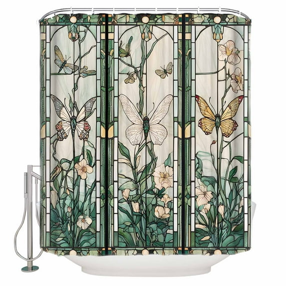 Retro Window Flowering Shower Curtain, 66" x 72", Green Floral Leaf Butterflies Waterproof Bathroom Curtain Washable Shower Curtain Set with 12 Hooks