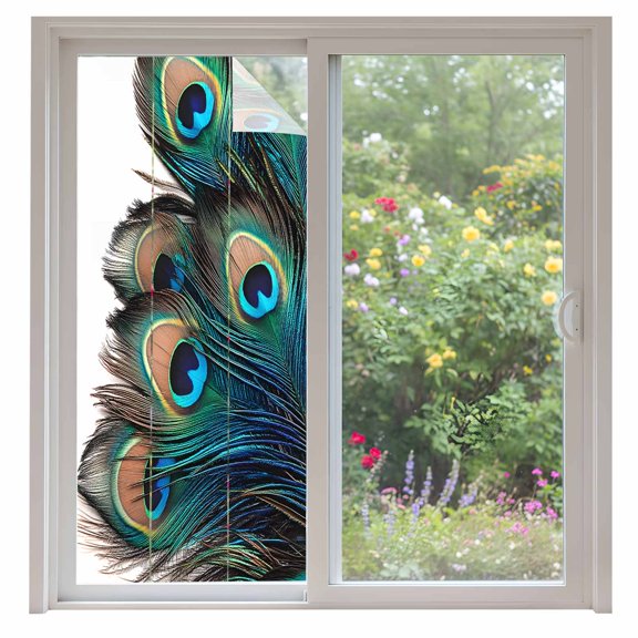 Retro Window Privacy Film Peacock Feathers Abstract Art Decorative Glass Window Film UV Blocking Static Cling Non-Adhesive Sticker Covering for Home Door 35.4x78.7 inches