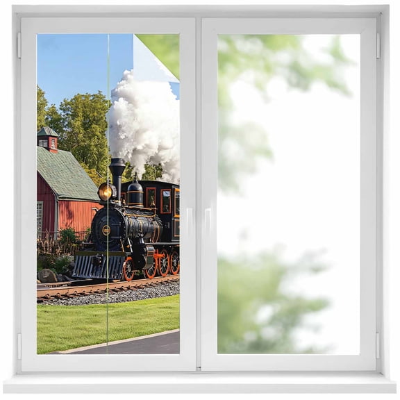 Retro Window Privacy Film Train Motor Vehicle Building Sky Grass Country Scenery Decorative Glass Window Film UV Blocking Static Cling Non-Adhesive Sticker Covering for Home Door 19.6 x 39.3 inches