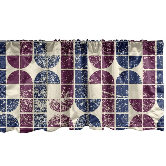 Retro Window Valance, Geometric Abstract Boho Grunge Ornamental Semicircle and Square Pattern, Curtain Valance for Kitchen Bedroom with Rod Pocket, 54" X 18", Champagne Plum Indigo, by Ambesonne
