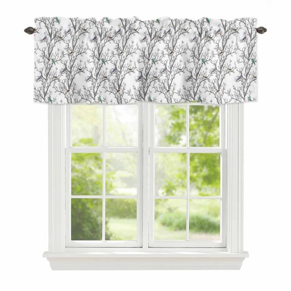 Retro Window Valance for Kitchen, Nature Tree Branches Texture Colored Birds Pastoral Rod Pocket Short Curtain for Small Windows, Light Filtering Decorative Valance, 42 x 18 Inch, 1 Panel