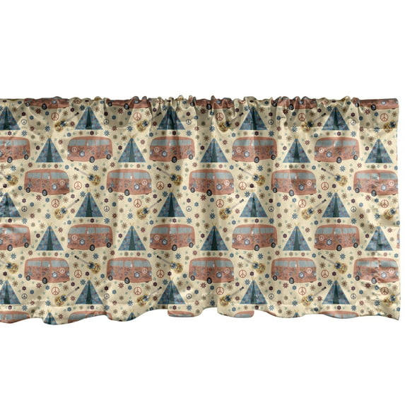 Retro Window Valance Pack of 2, Hippie Van Guitar and Tent Motifs Along Flowers Pattern Freedom Theme, Rod Pocket Curtain Valances Kitchen Bedroom, 2 Sizes, Dark Salmon and Slate Blue, by Ambesonne