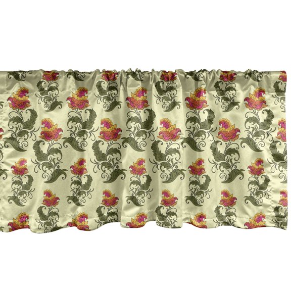 Retro Window Valance Pack of 2, Oriental Style Continuous Pattern with Spring Flowers Repetition, Rod Pocket Curtain Valances Kitchen Bedroom, 2 Sizes, Pastel Green and Multicolor, by Ambesonne