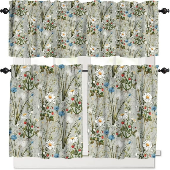 Retro Window Valance Strawberries Fruit Valance Farmhouse Vintage Flower Thermal Insulated Window Curtain Valance Rod Pocket 54''''x18''''+27''''x24''''x2（3 Piece）, Style-4