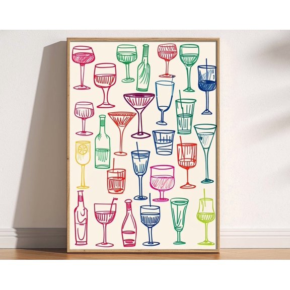 Retro Wine Glasses Trendy Print, Wine Bar Cart Art, Trendy Aesthetic Hand Drawn Doodle, Dining Room Kitchen Maximalist Decor Wall Art, Modern Wall Decor, 8x12 UNFRAMED