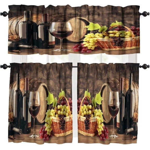 Retro Wine Kitchen Valance Curtains, Rustic Grapes Wine Cellar Barrel Vintage Window Treatments, Country Style Brown Decor Drapes for Man Bedroom Living Room, 54x18in 1P/27x24in 2P
