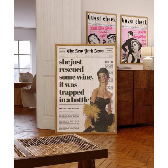 Retro Wine Rescue Newspaper Bar Cart Wall Art, Unframed Paper Print Size 24x36