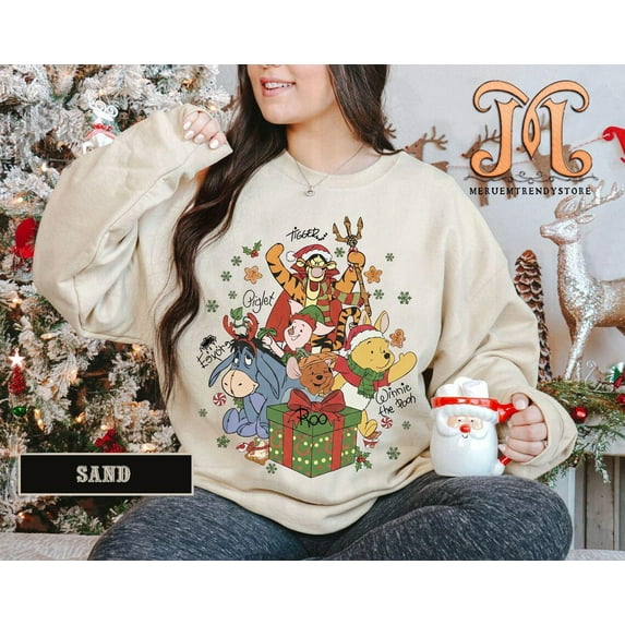 Retro Winnie The Pooh Christmas Sweatshirt, Pooh Christmas Family Tees, Disney Christmas Party Trip 2025 Shirt, Disney World Christmas Shirt,Sand Color,Size 2XL