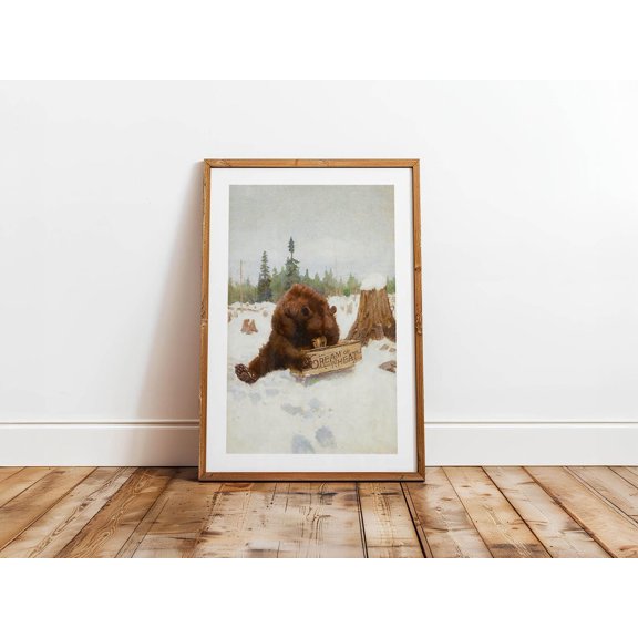 Retro Winter Bear Cabin Wall Art, Unframed Paper Print Size 8x12