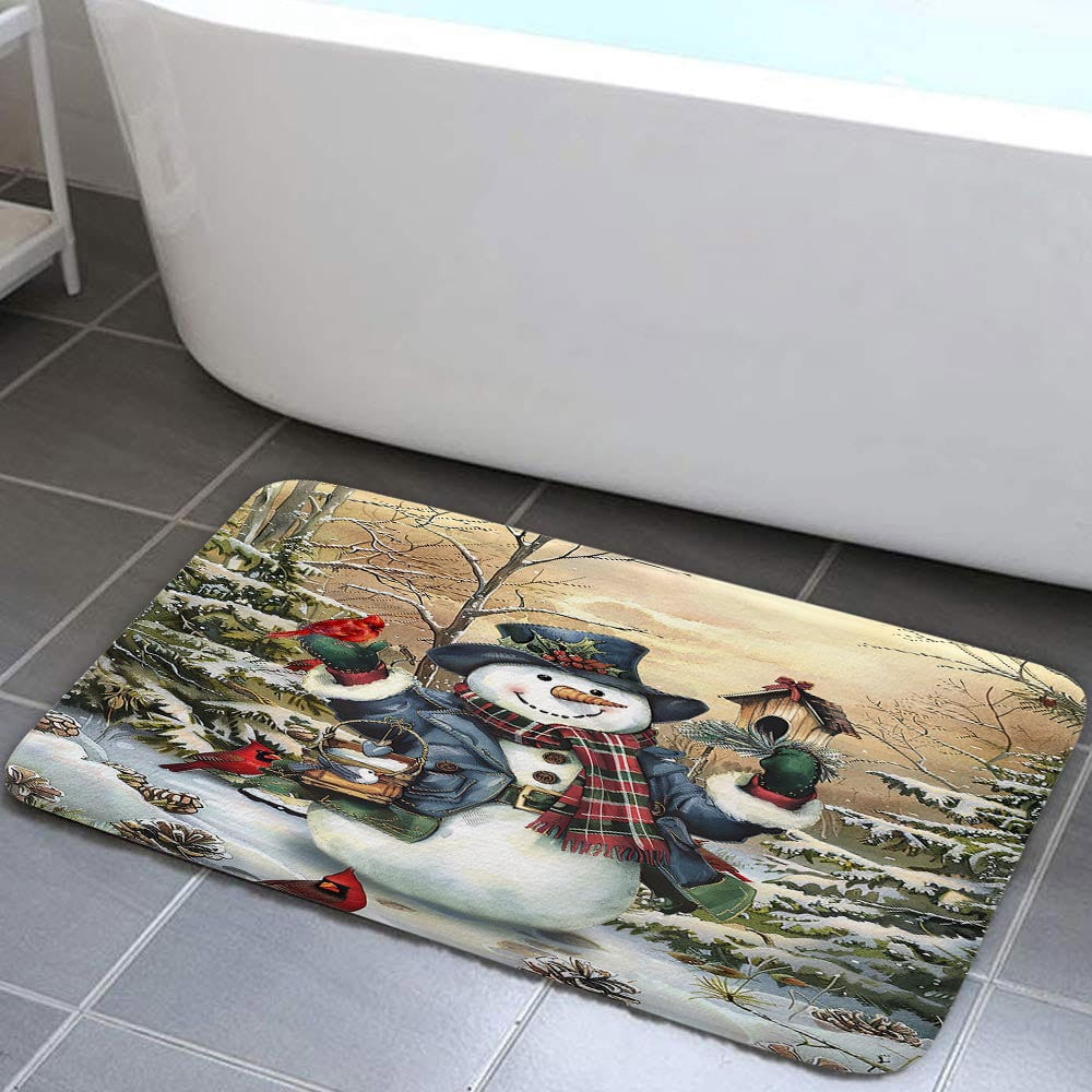 Retro Winter Christmas Snowman Bath Mat, Vintage Cute Xmas Snowman Holiday Rustic Winter Forest Farmhouse Bath Rug for Bathroom, Christmas Bath Mat Soft Non Slip Bath Rugs, 16X24IN