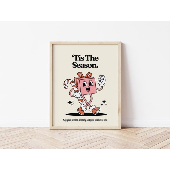 Retro Winter Festive Poster, Present Vintage Cartoon Character, Seasonal Festive Home Decor, 70S Style X,Mas Decor, Positive Quote, Unframed Poster Size 8x12 F03.1.14l1412